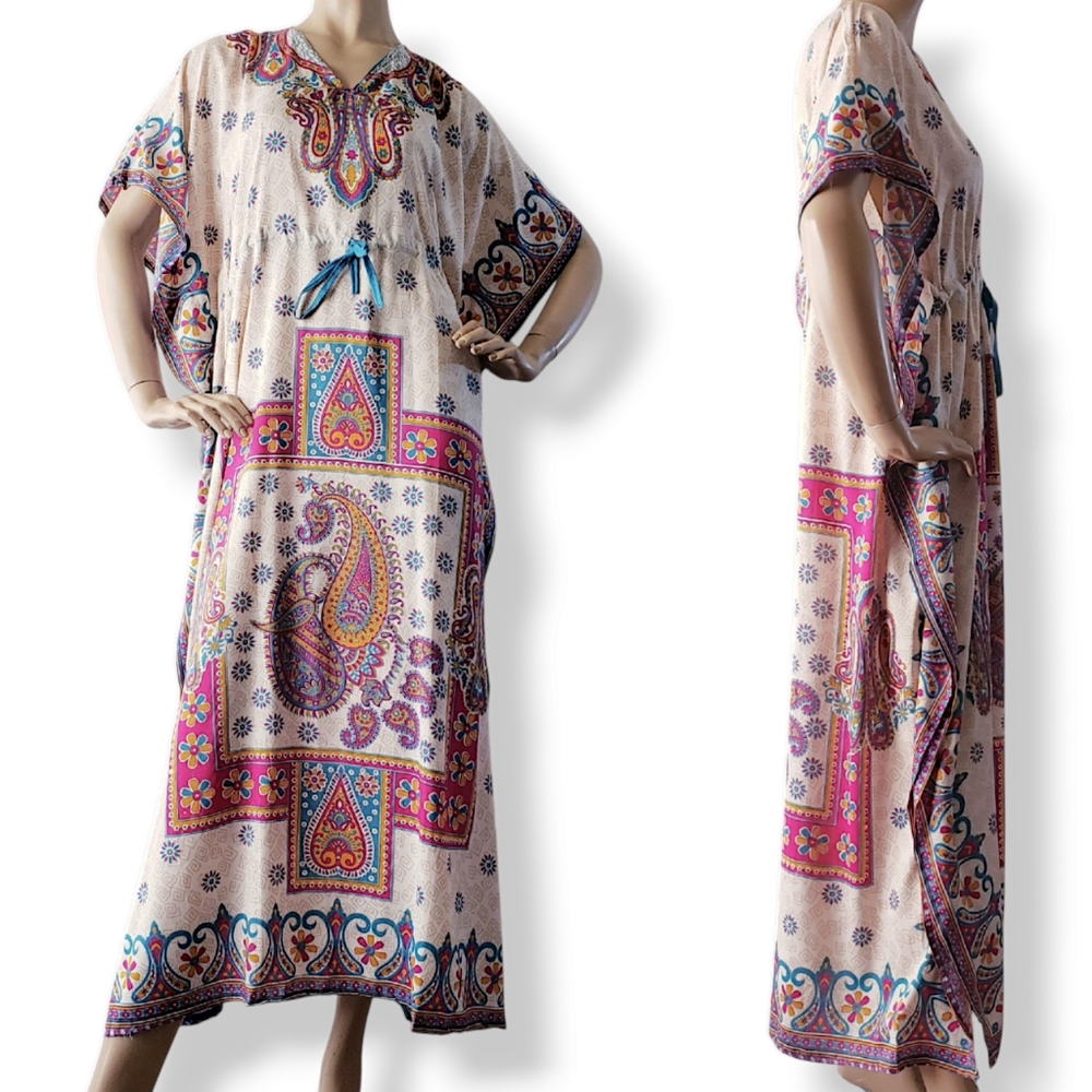 Laddi Cream, Pink & Blue African Dashiki Caftan